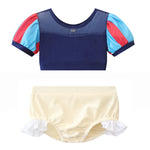 Load image into Gallery viewer, Two-piece swimsuit with colorful top and beige bottom on a white background
