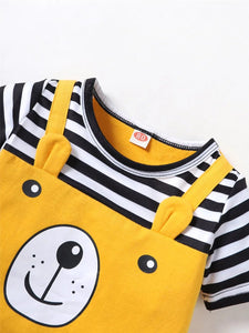 Newborn Baby Boy Bodysuit with Bear Print and Striped Short Sleeve Shirt and Hat