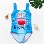 Load image into Gallery viewer, Blue children's swimsuit with 'Hello Summer' text and watermelon design on a white background.
