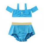 Load image into Gallery viewer, Blue bikini set with ruffled bottom on a white background
