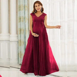 Chiffon Lace Maternity Long Dress with a V-neck