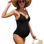 Load image into Gallery viewer, Women Maternity Swimsuit One-Piece with a  Deep V and  Scallop Trim
