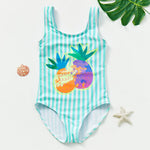 Load image into Gallery viewer, Striped swimsuit with pineapple design on a white background
