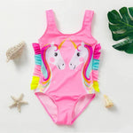 Load image into Gallery viewer, Pink unicorn swimsuit with colorful details on a white background
