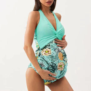 Maternity One Piece Halter with Floral Print Bottom and Solid Top