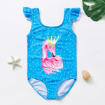 Load image into Gallery viewer, Children's swimsuit with flamingo design on a white background

