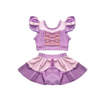 Load image into Gallery viewer, Purple and pink children's outfit with ruffled top and skirt on a white background
