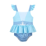 Load image into Gallery viewer, Light blue children's swimsuit with ruffled top and diaper on a white background
