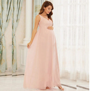 Chiffon Lace Maternity Long Dress with a V-neck