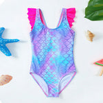 Load image into Gallery viewer, Mermaid scale swimsuit with ruffled shoulders on a white background
