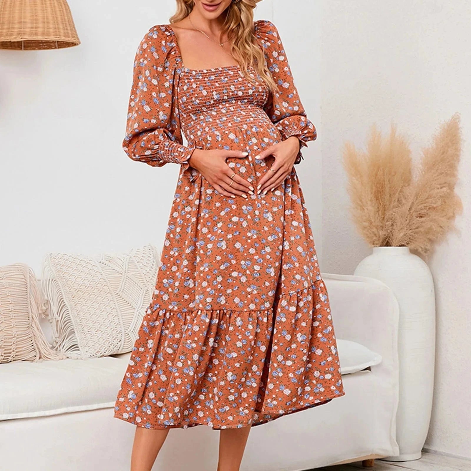 Spring Maternity Chiffon Dress with Long Sleeved