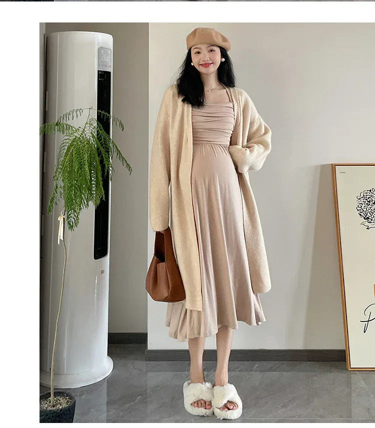 Maternity Dresses with Long Sleeve and a Square Collar - Two Pieces