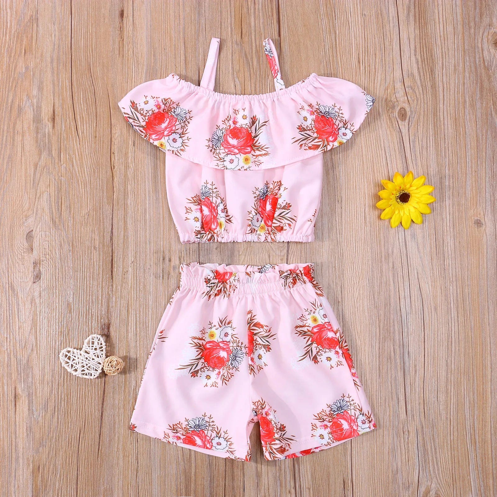 Baby Girl Romper with Watermelon, Sunflower Print with Ruffle Drop Shoulder Strap - 2-Piece Summer Set