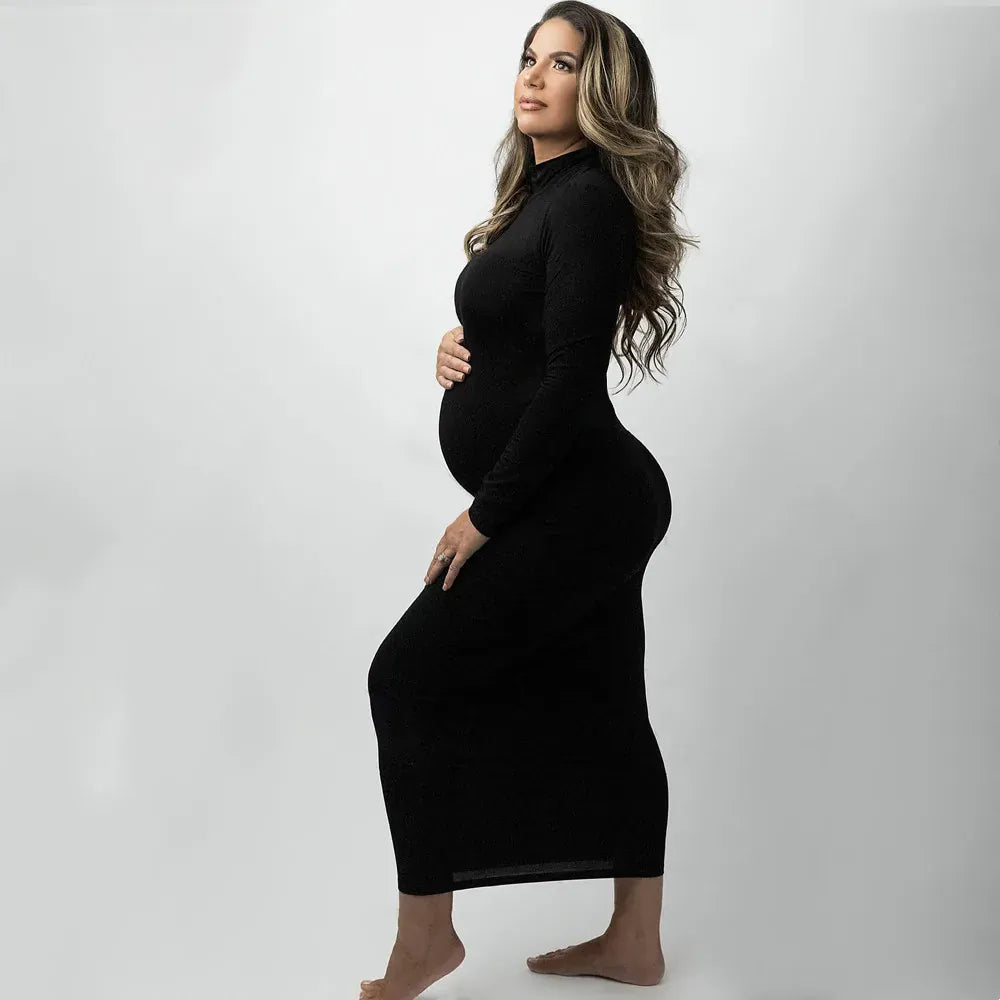 High-Neck Slim-Fit Maternity Dress with Long-Sleeves White / XL