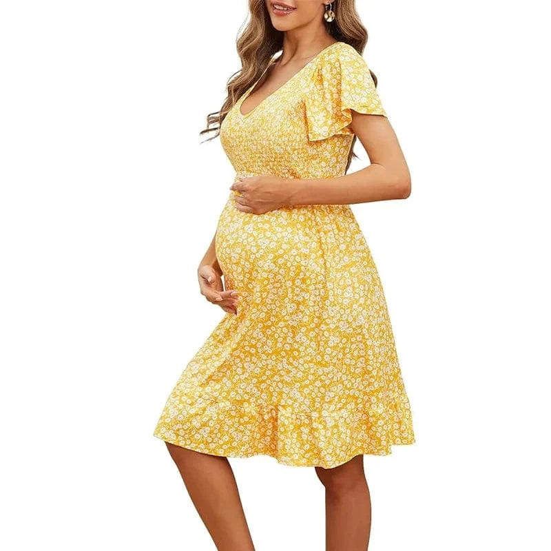 Maternity Summer Dress - V-neck Floral Casual Short-Sleeve Dress
