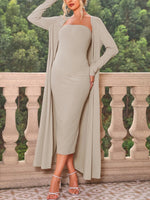 Load image into Gallery viewer, Ribbed Maternity 2 Pieces Sets with Long Sleeves Coat And Strapless Dress
