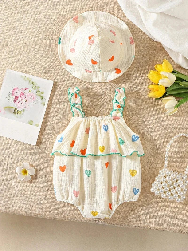 Baby romper with colorful heart patterns on a beige surface with flowers and a card.