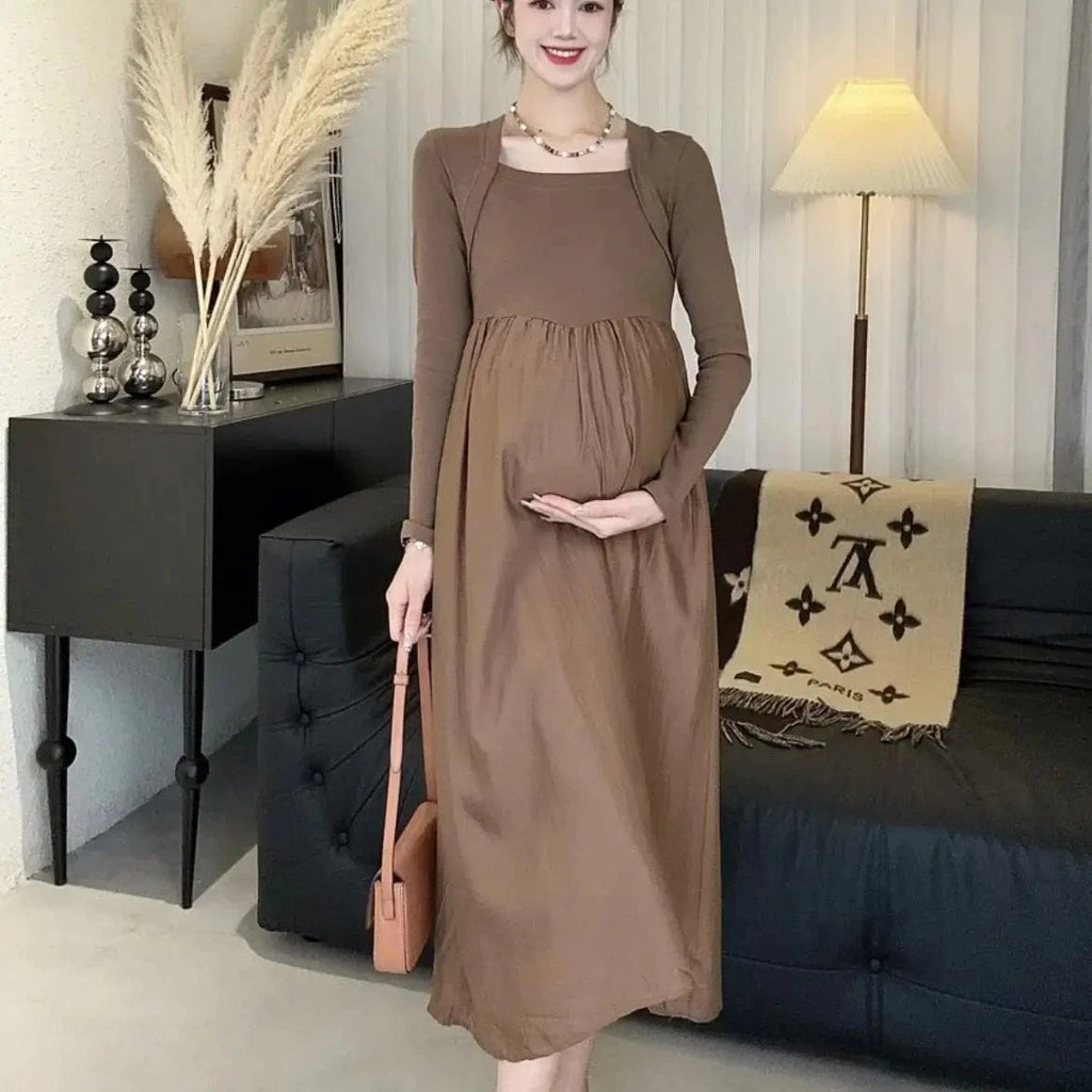 Maternity Dress with Long Sleeve  and Square Collar