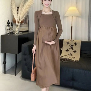 maternity dress long sleeve Maternity Dress with Long Sleeve and Square Collar Beige / XL