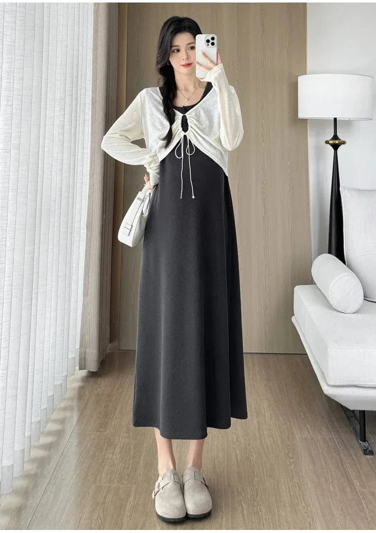 Maternity Dress Set with Long Sleeves - With a  Drawstring Cardigans and Tank Dress