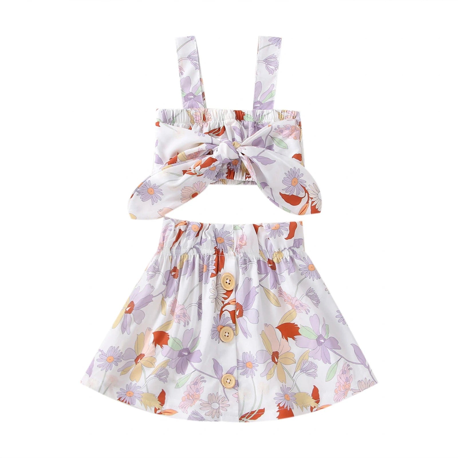 Baby Girl Romper with Watermelon, Sunflower Print with Ruffle Drop Shoulder Strap - 2-Piece Summer Set