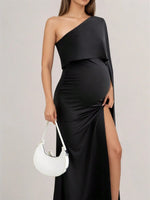 Load image into Gallery viewer, Maternity Black, One Shoulder  Maxi Dress with High Slit - Perfect for Formal Evening Gown for Wedding Guest &amp; Photoshoot
