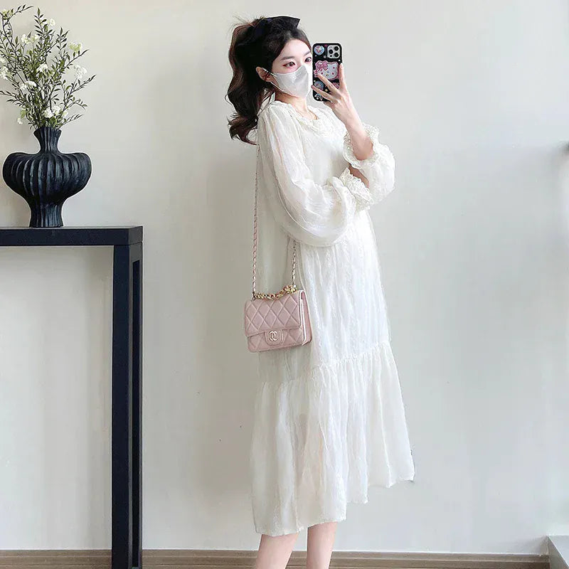 Maternity Lace Dress with Peter Pan Collar and Long Flare Sleeve