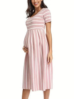 Load image into Gallery viewer, Maternity Short Sleeve Crew Neck, Striped Dress
