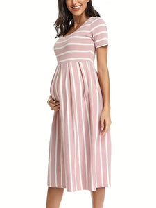 Maternity Short Sleeve Crew Neck, Striped Dress