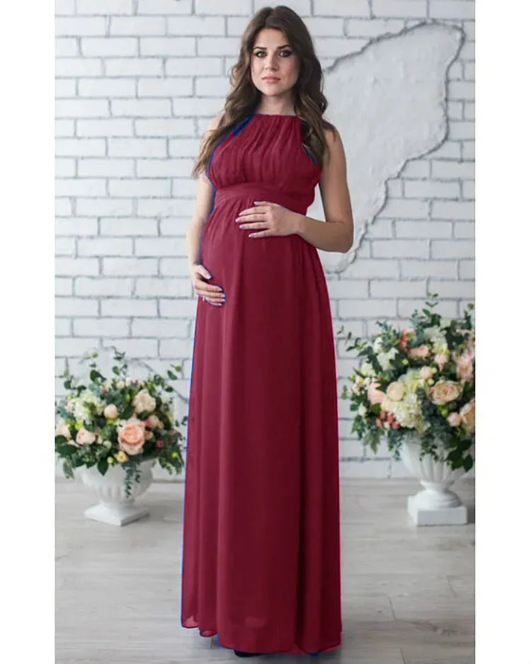 Sleeveless Maternity Party Dress with Round Neck and Belted Waist