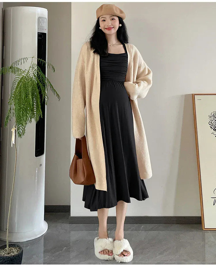 Maternity Dresses with Long Sleeve and a Square Collar - Two Pieces