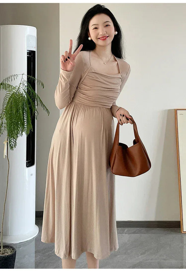 Maternity Dresses with Long Sleeve and a Square Collar - Two Pieces