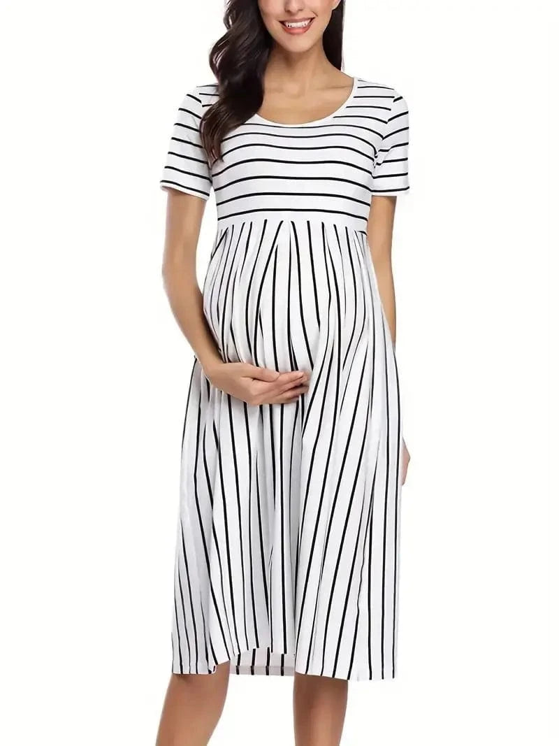 Maternity Short Sleeve Crew Neck, Striped Dress