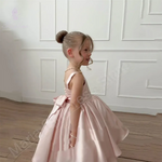 Load image into Gallery viewer, Pink Satin Flower Girl Dress with Square Neck for Wedding Party - Knee-Length
