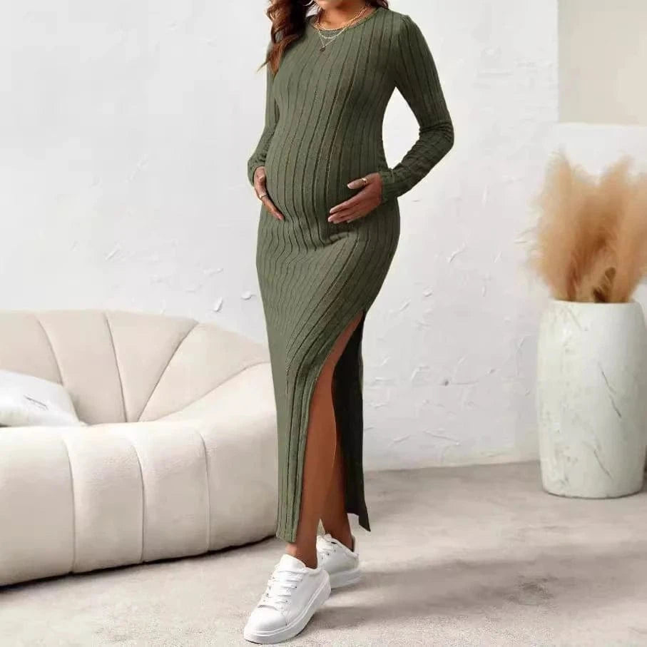 Maternity Dresses with Long Sleeve, Side Slit with Rib Knit