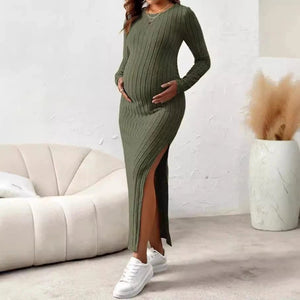 Maternity Dresses with Long Sleeve, Side Slit with Rib Knit