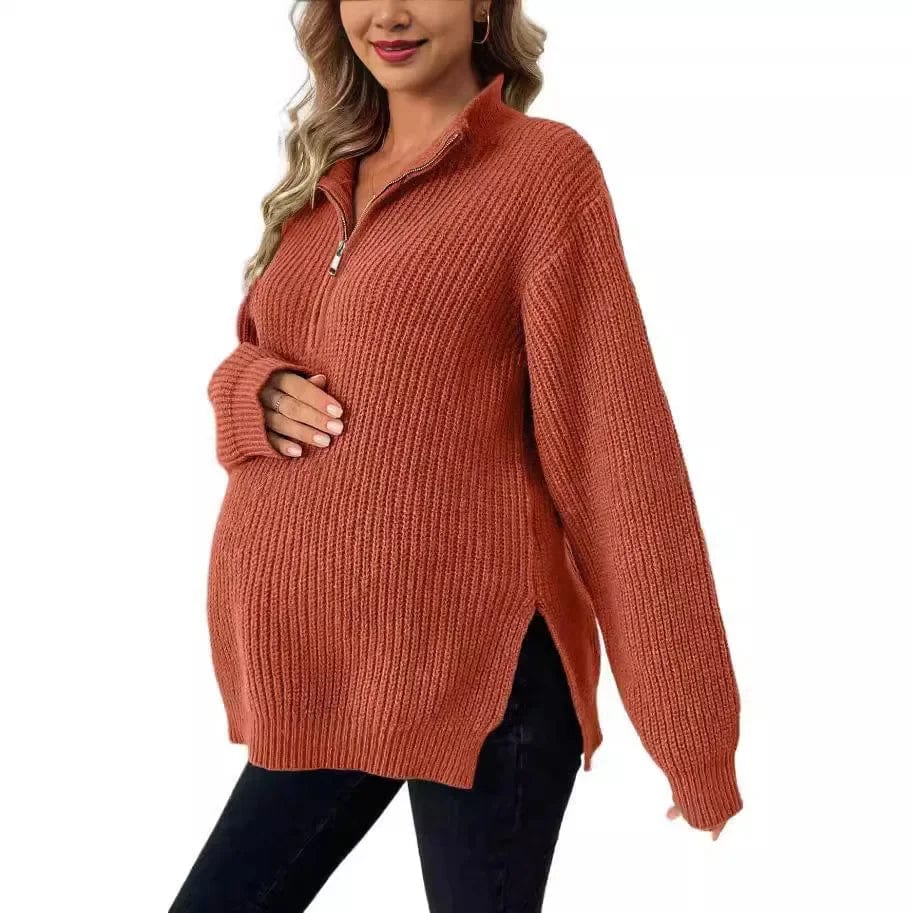 Knitted Maternity Sweaters with Zipper and Side Split