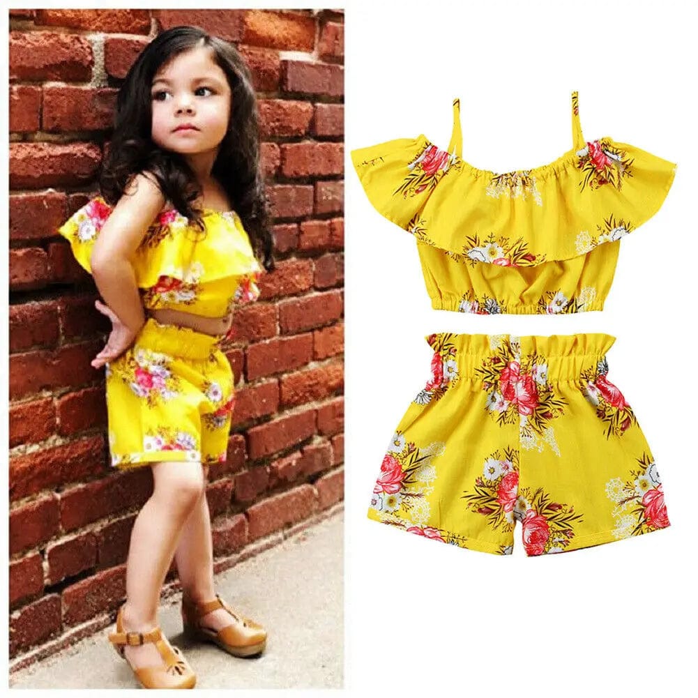 Baby Girl Romper with Watermelon, Sunflower Print with Ruffle Drop Shoulder Strap - 2-Piece Summer Set