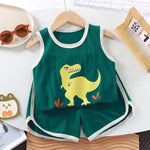 Load image into Gallery viewer, Children&#39;s green sleeveless top with dinosaur design on a wooden hanger.
