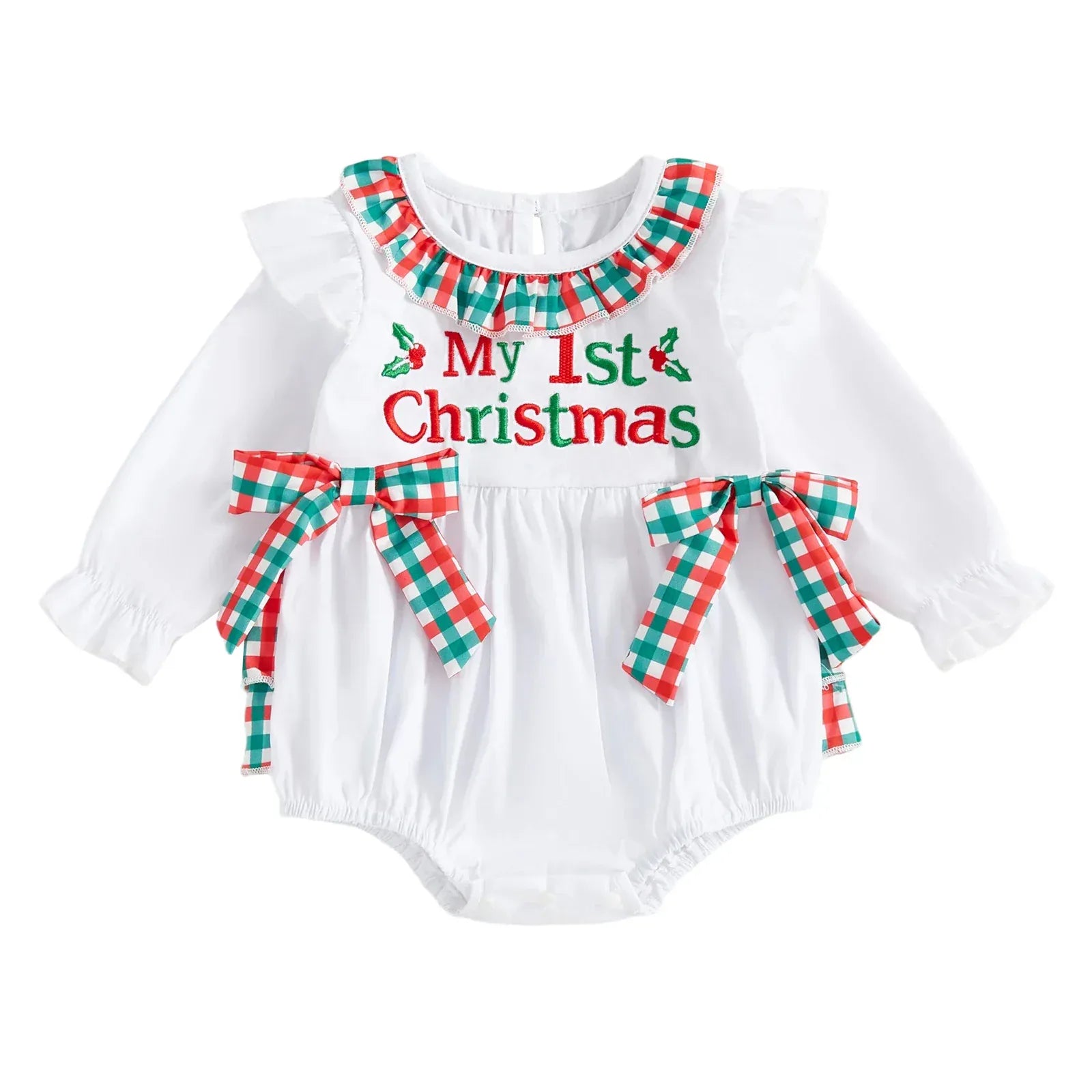Christmas Romper with Cute Reindeer Print and Bow Detail  - Long Sleeve