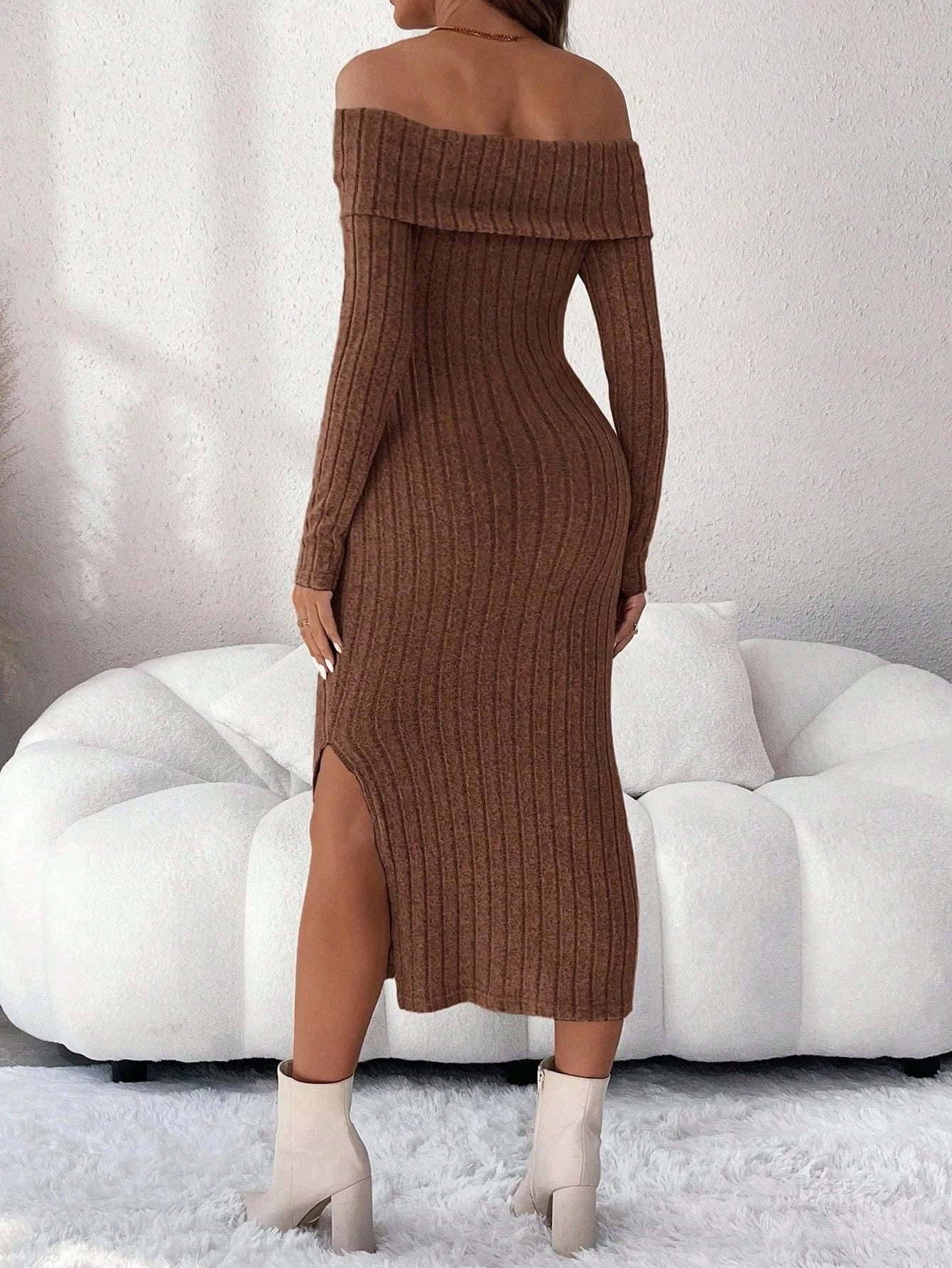 Long Sleeve, Off the shoulder Maternity Knit Sweater Dresses Coffee / L Long Sleeve, Off the shoulder Maternity Knit Sweater Dresses Coffee / L