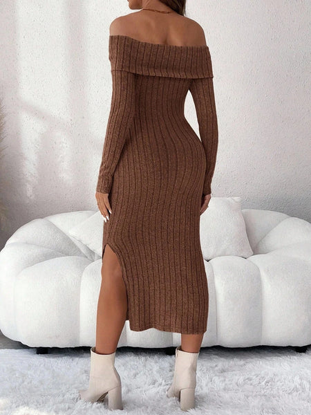 Long Sleeve, Off the shoulder Maternity Knit Sweater Dresses Coffee / L Long Sleeve, Off the shoulder Maternity Knit Sweater Dresses Coffee / L