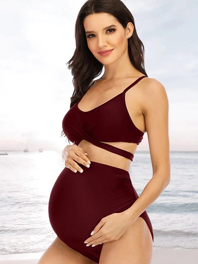 Maternity Bikini Sets with Cross Bandage - High Waist Two Pieces