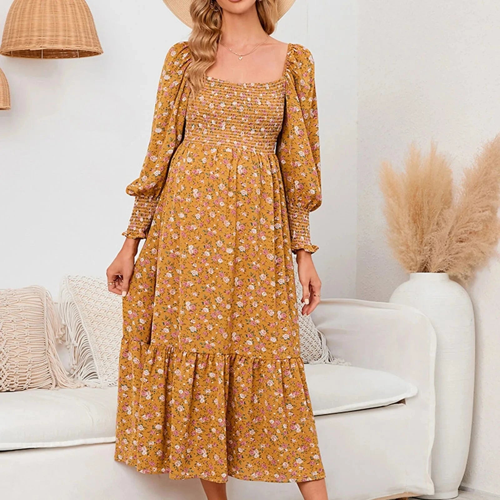 Spring Maternity Chiffon Dress with Long Sleeved