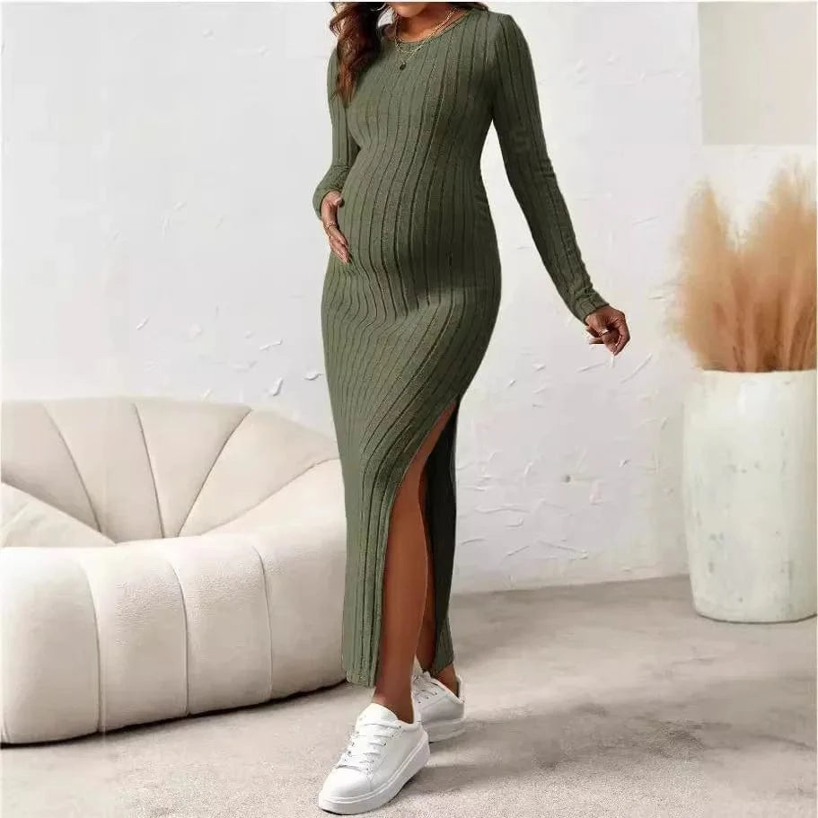 Maternity Dresses with Long Sleeve, Side Slit with Rib Knit