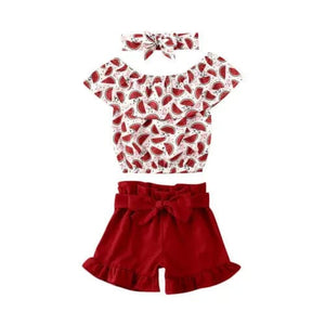 Baby Girl Romper with Watermelon, Sunflower Print with Ruffle Drop Shoulder Strap - 2-Piece Summer Set