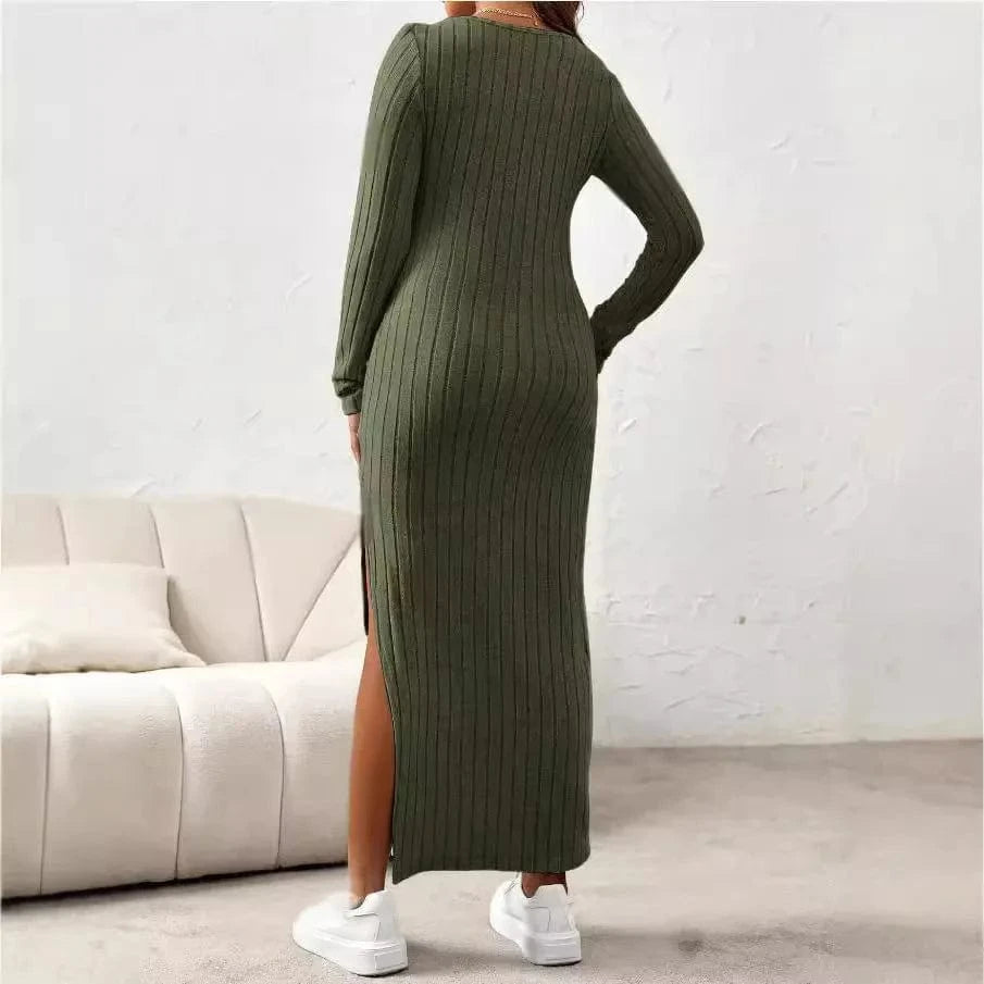 Maternity Dresses with Long Sleeve, Side Slit with Rib Knit