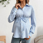 Load image into Gallery viewer, Maternity Striped Print Shirt With Long Sleeve and Lace-up Waist
