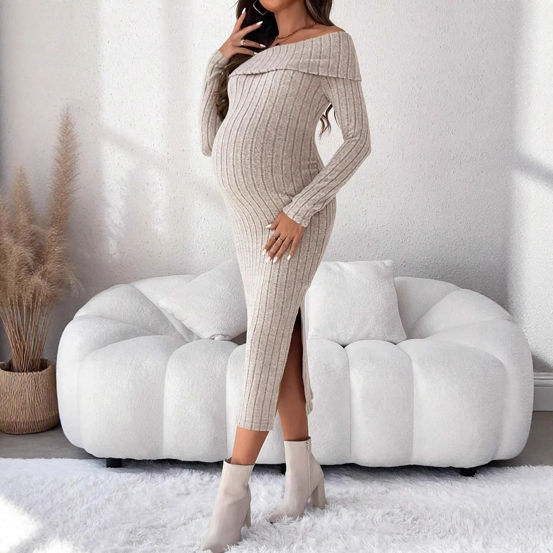 Long Sleeve, Off the shoulder Maternity Knit Sweater Dresses