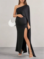 Load image into Gallery viewer, Maternity Black, One Shoulder  Maxi Dress with High Slit - Perfect for Formal Evening Gown for Wedding Guest &amp; Photoshoot
